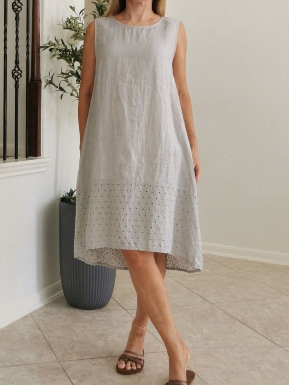 Terzo Millennio Made in Italy Linen Eyelet Midi Dress Size M Gray A-Line